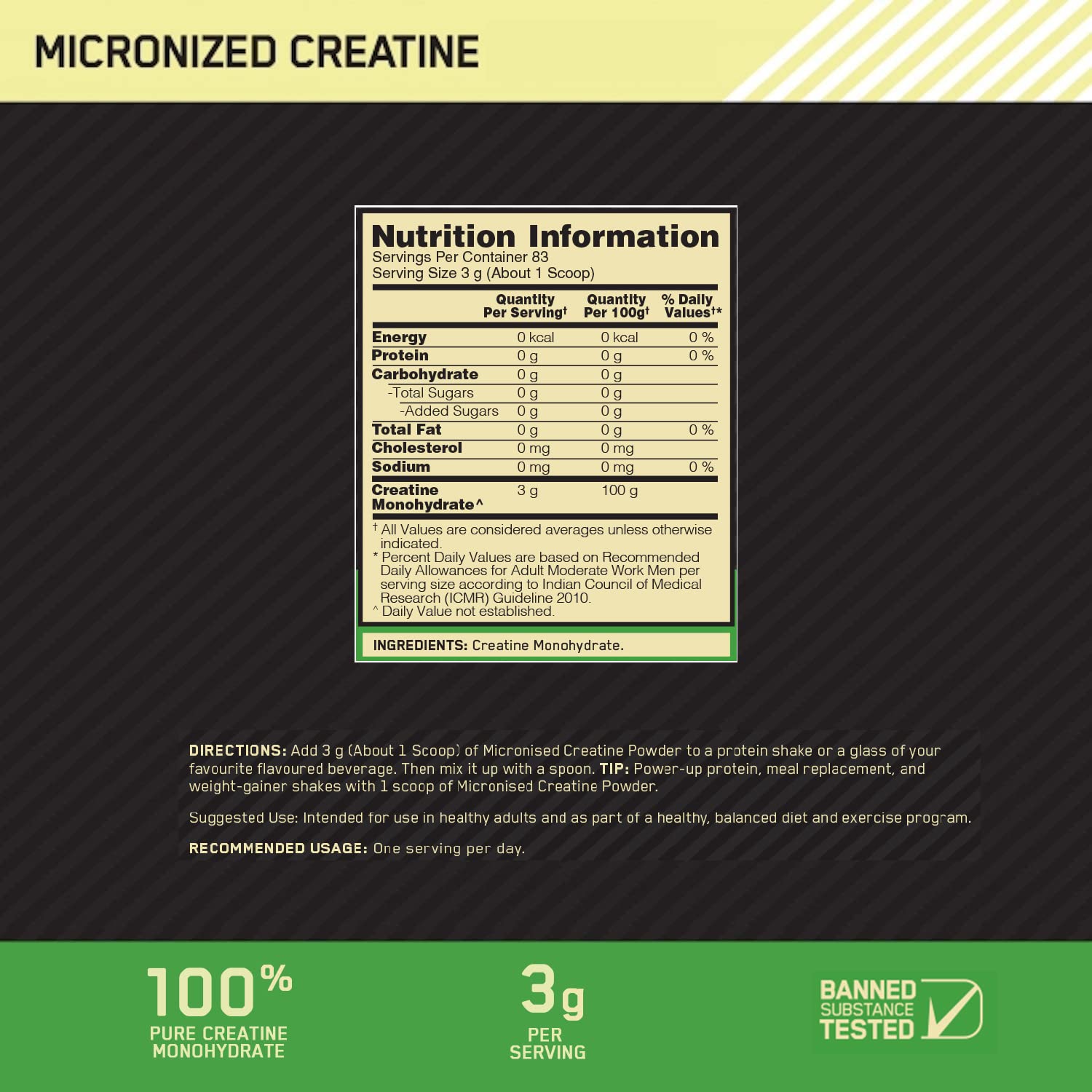 OPTIMUM NUTRITION MICRONISED CREATINE 100GM