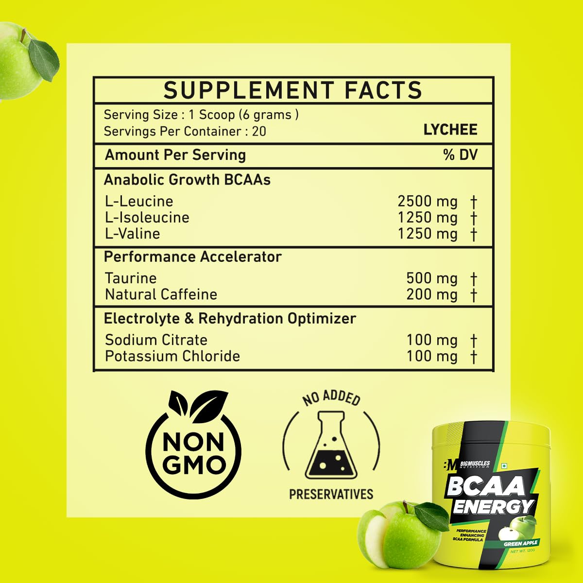 BIG MUSCLES NUTRITION BCAA ENERGY GREEN APPLE 180GM
