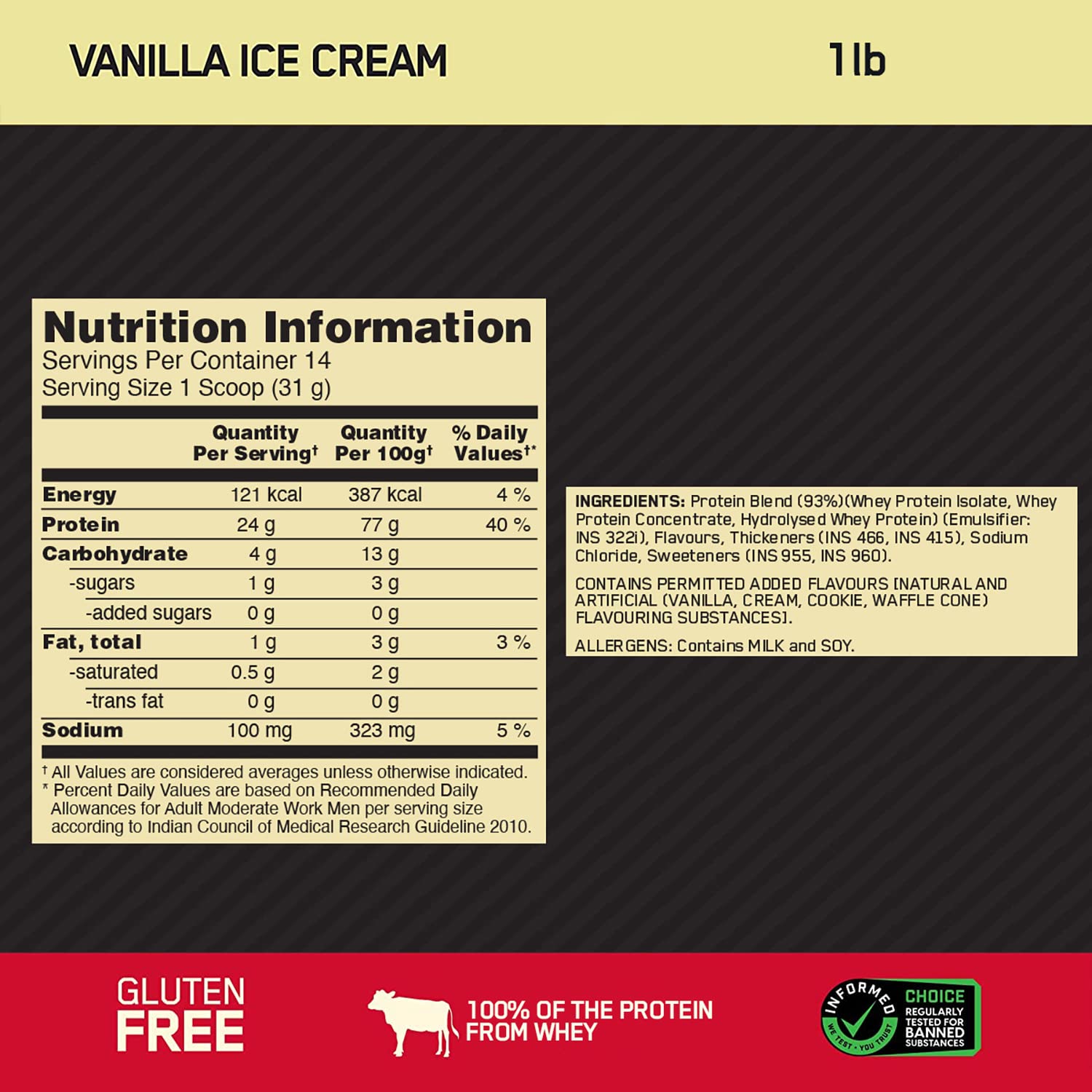 OPTIMUM NUTRITION GOLD STANDARD WHEY PROTEIN POWDER VANILLA 454GM