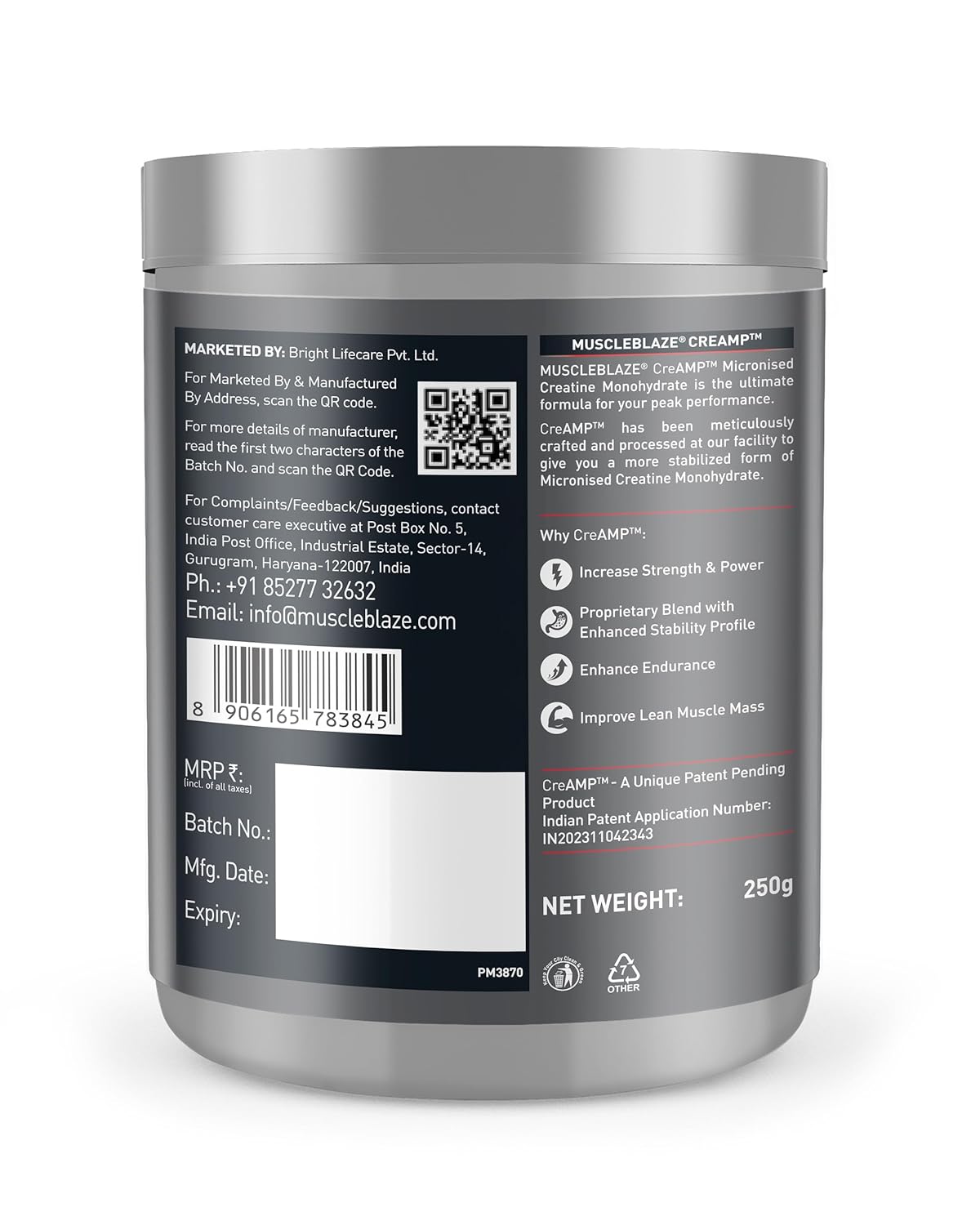MUSCLEBLAZE CREATINE MONOHYDRATE CREAMP 250GM CITRUS BLAST WITH MUSCLEBLAZE CYCLONE SHAKER BLACK 700