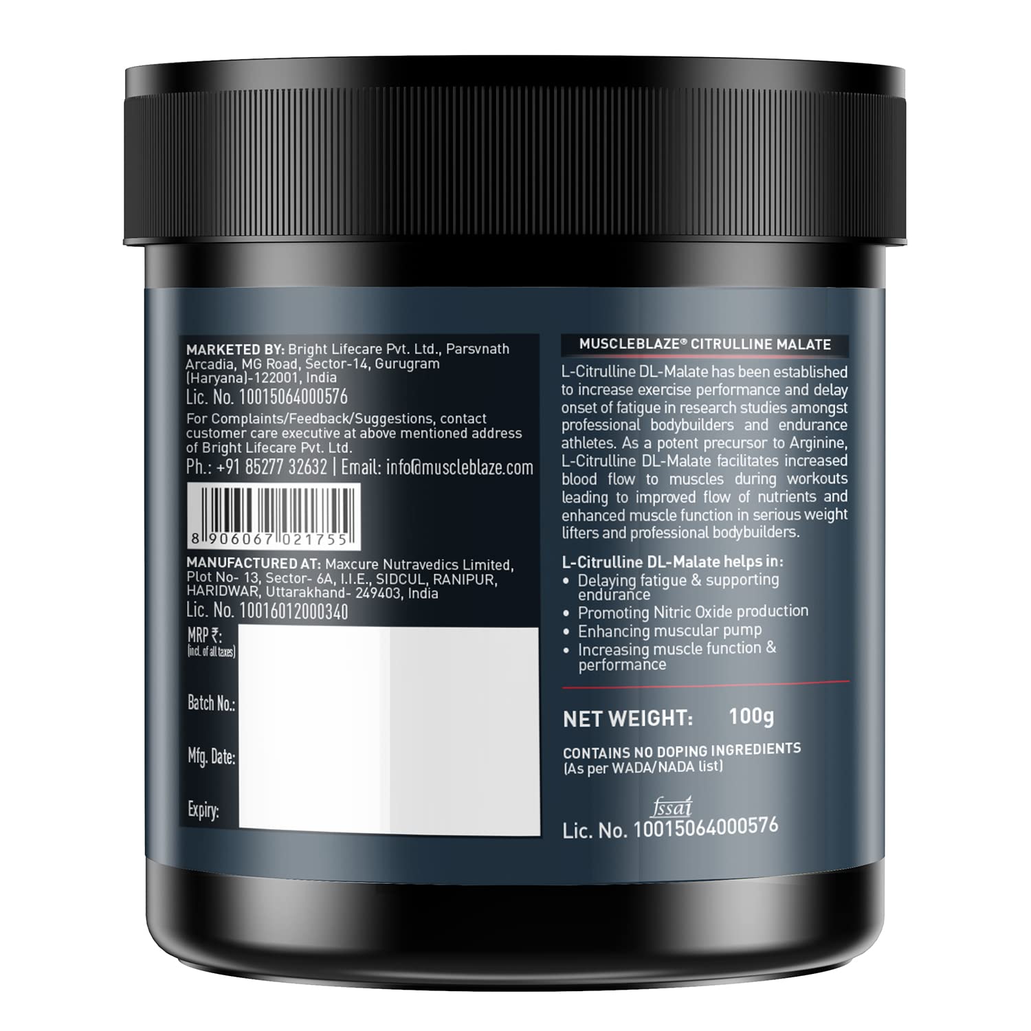 MUSCLEBLAZE CITRULLINE MALATE UNFLAVORED 100GM