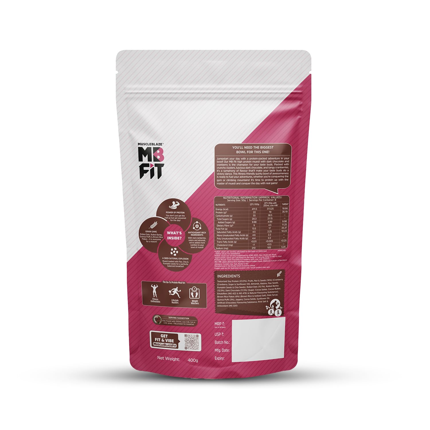 MUSCLEBLAZE HIGH PROTEIN MUESLI DARK CHOCOLATE & CRANBERRY 0.4KG