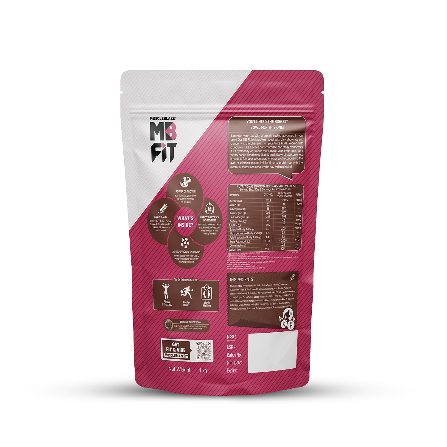 MUSCLEBLAZE HIGH PROTEIN MUESLI DARK CHOCOLATE & CRANBERRY 1KG