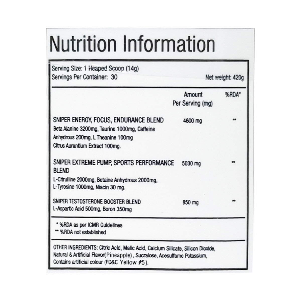 ONE SCIENCE NUTRITION SNIPER PRE-WORKOUT PINE APPLE 30 SERVINGS