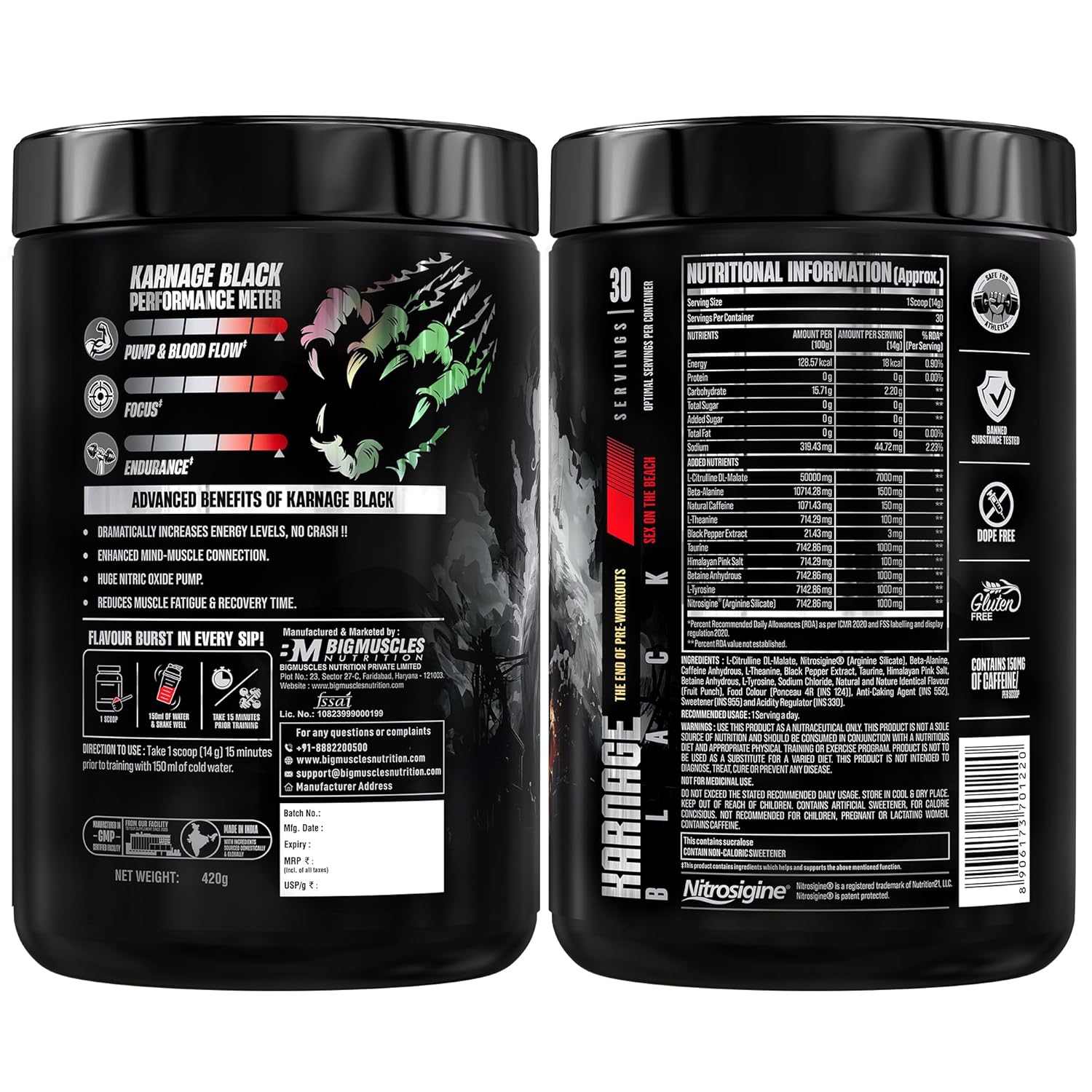 BIG MUSCLES KARNAGE BLACK PRE-WORKOUT SEX ON THE BEACH 30 SERVINGS