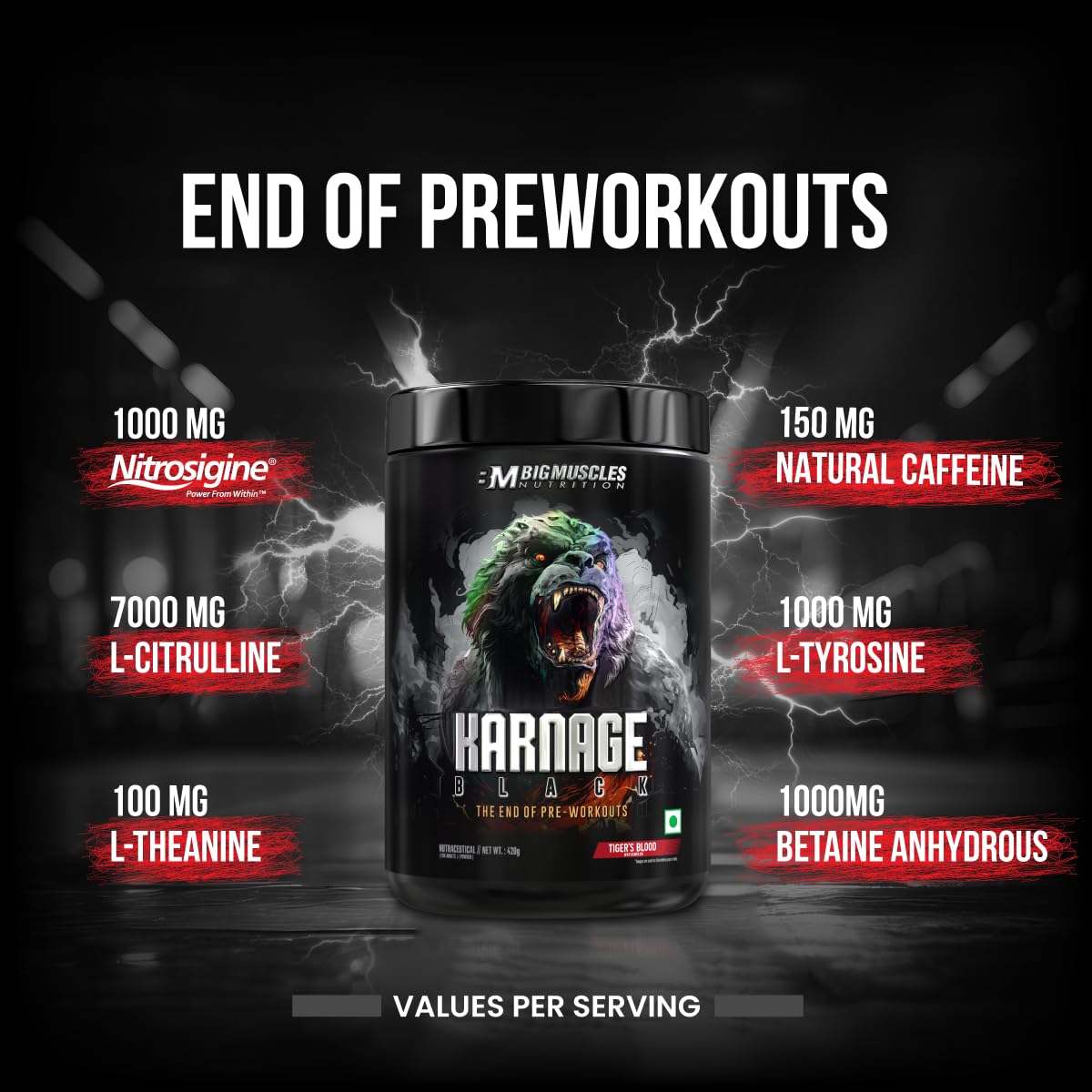 BIG MUSCLES KARNAGE BLACK PRE-WORKOUT TIGER BLOOD 30SERVINGS