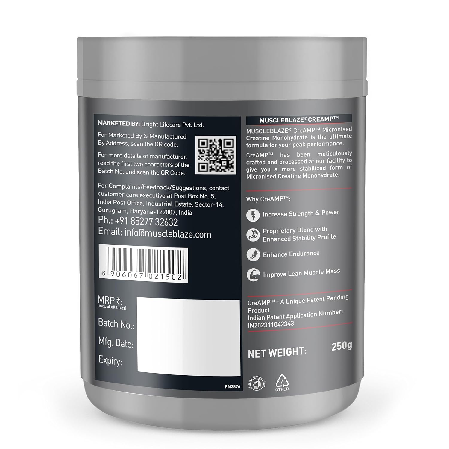 MUSCLEBLAZE CREATINE MONOHYDRATE CREAMP UNFLAVORED NEW 0.55LB