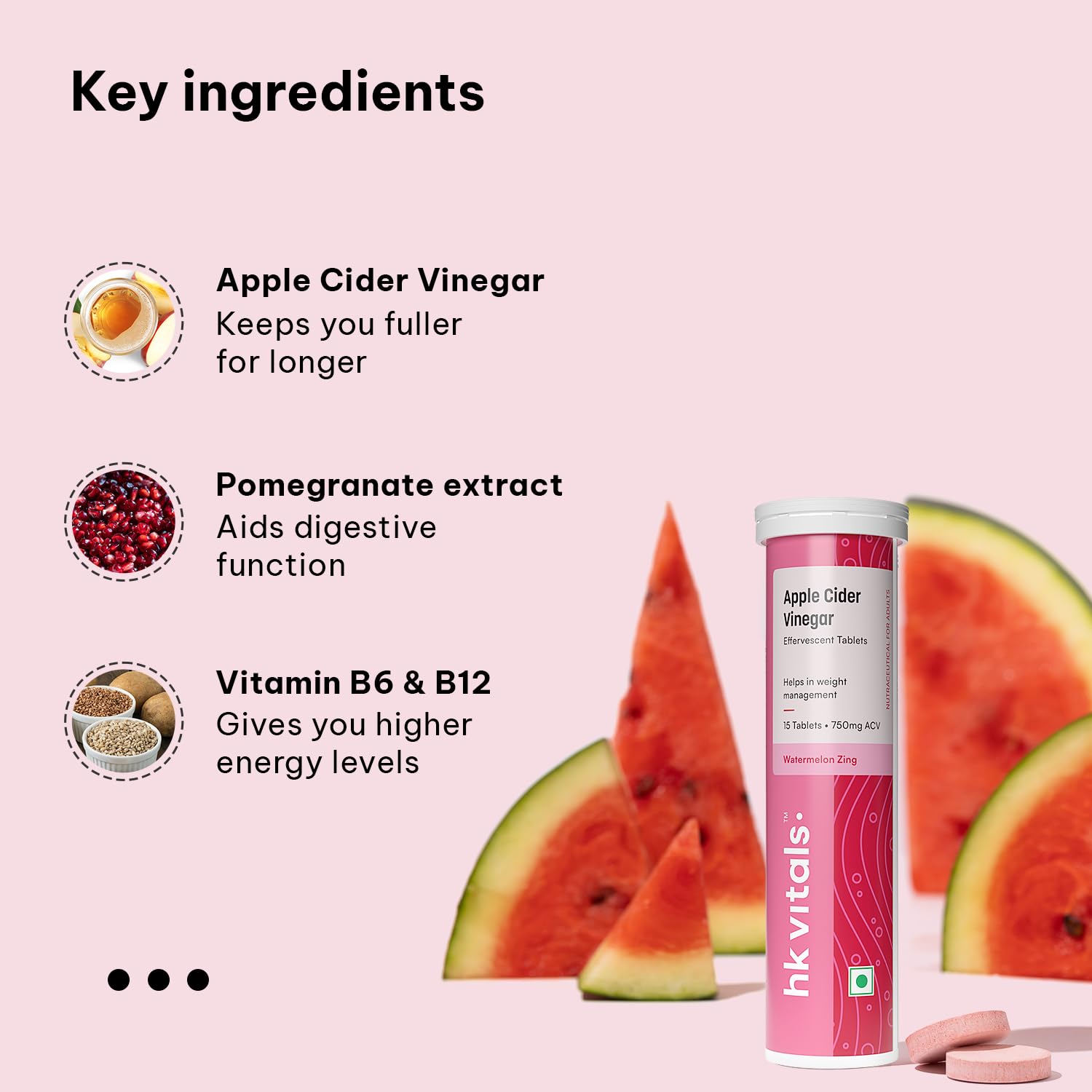 HEALTHKART HK VITALS APPLE CIDER VINEGAR 750MG EFFERVESCENT WATERMELON 15 TABLETS