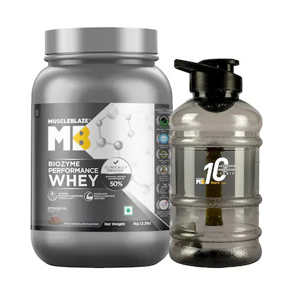 MUSCLEBLAZE WHEY PROTEIN 2.2LB RICH MILK CHOCOLATE WITH MUSCLEBLAZE 11 YEARS GALLON BOTTLE BLACK TRA