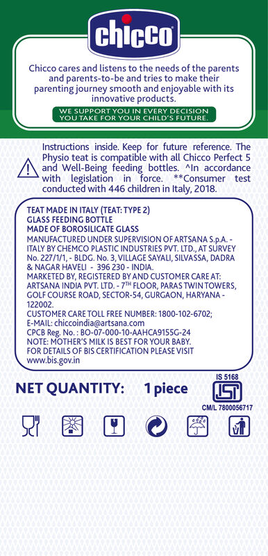 CHICCO WB GLASS BOTTEL BLUE 120ML