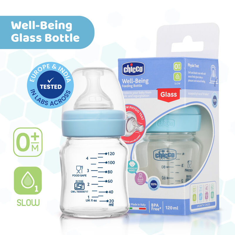 CHICCO WB GLASS BOTTEL BLUE 120ML