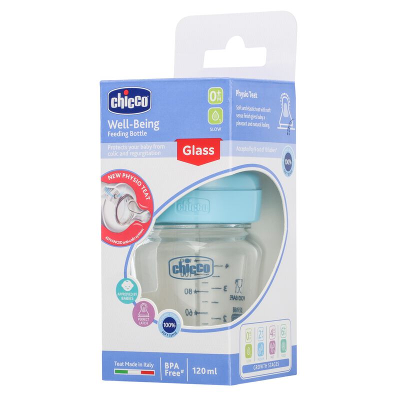 CHICCO WB GLASS BOTTEL BLUE 120ML
