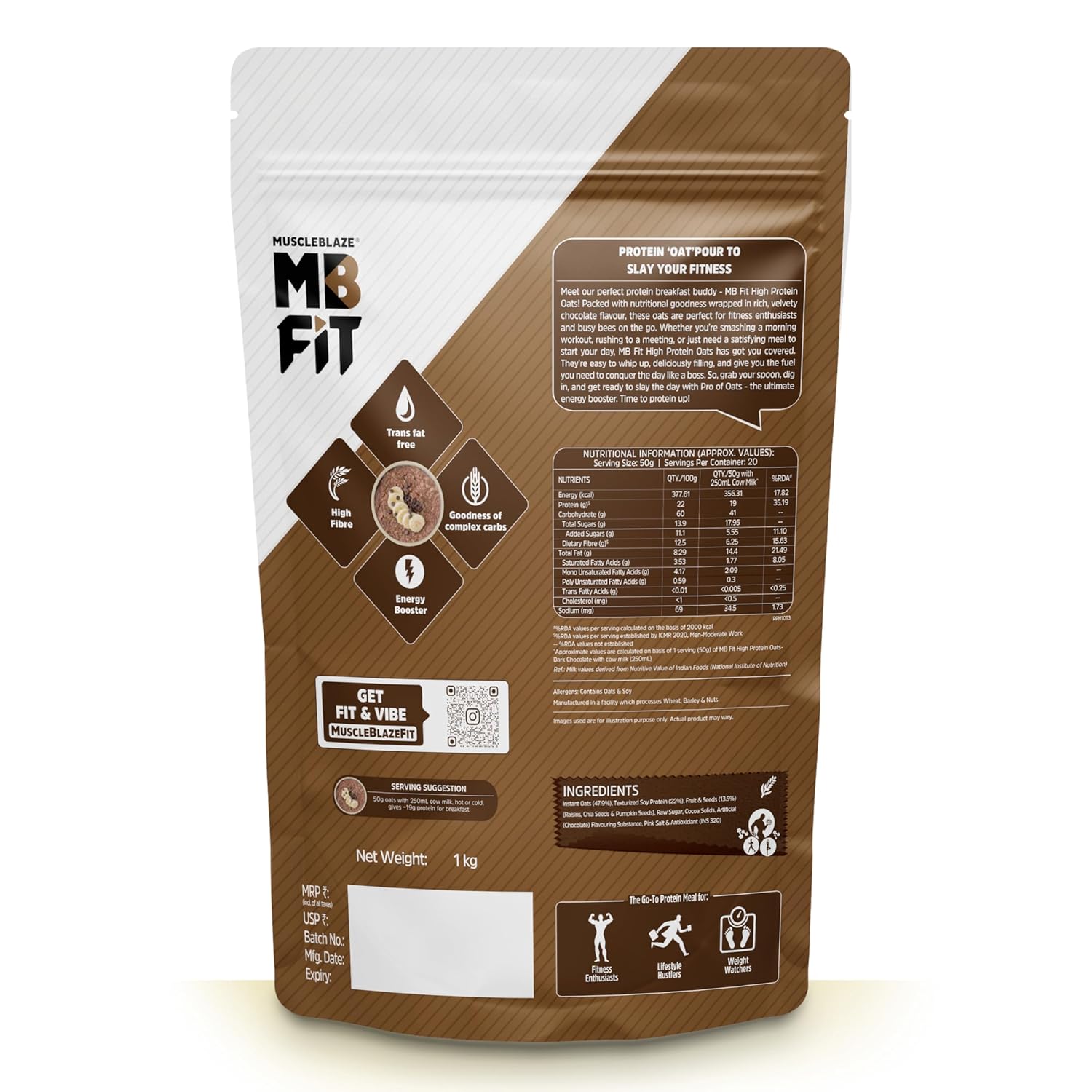 MUSCLEBLAZE HIGH PROTEIN OATS 1KG DARK CHOCOLATE