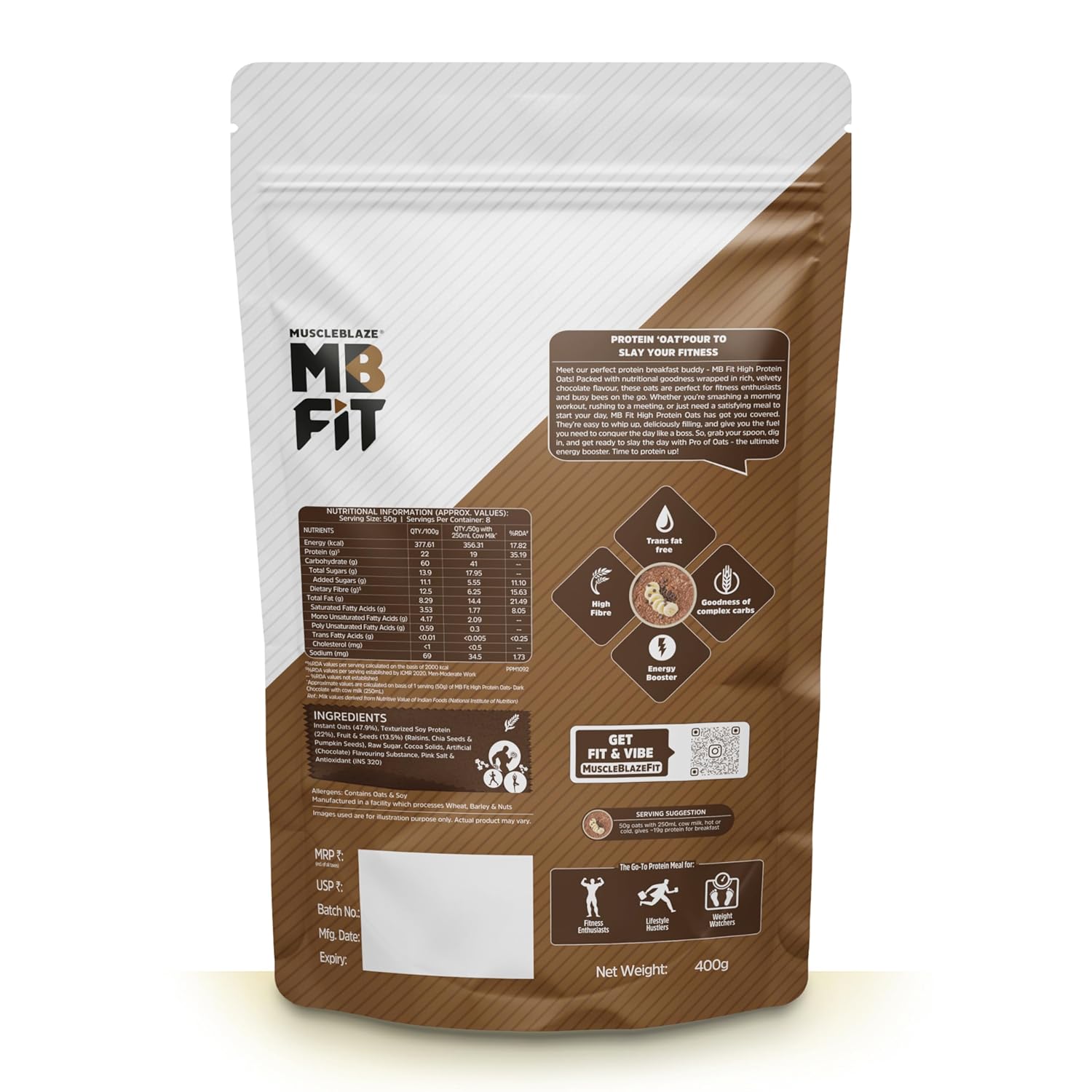 MUSCLEBLAZE HIGH PROTEIN OATS DARK CHOCOLATE 400GM