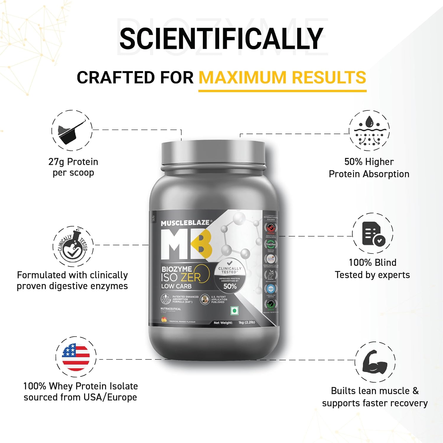 MUSCLEBLAZE BIOZYME ISO-ZERO LOW CARB TROPICAL MANGO 2.2LB
