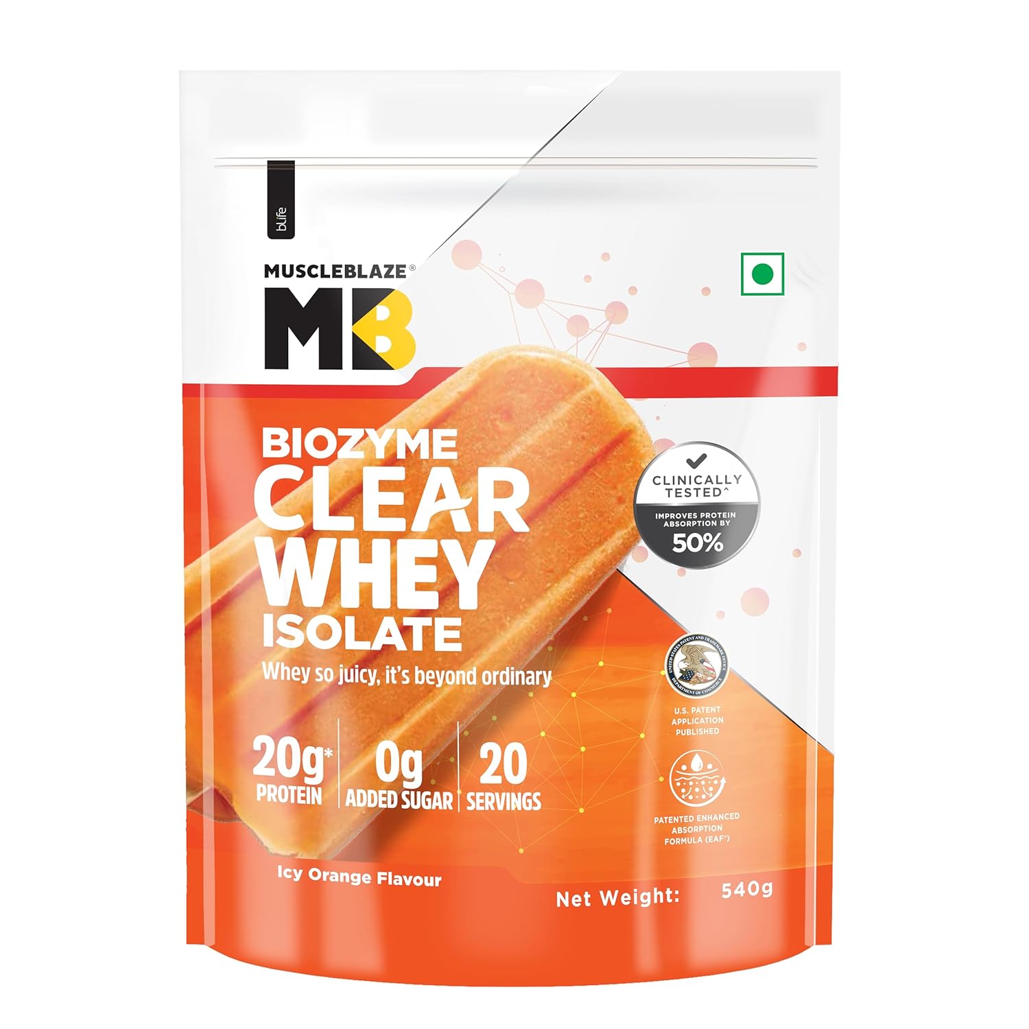 MUSCLEBLAZE BIOZYME CLEAR WHEY PROTEIN ISOLATE ICY ORANGE 540 GM