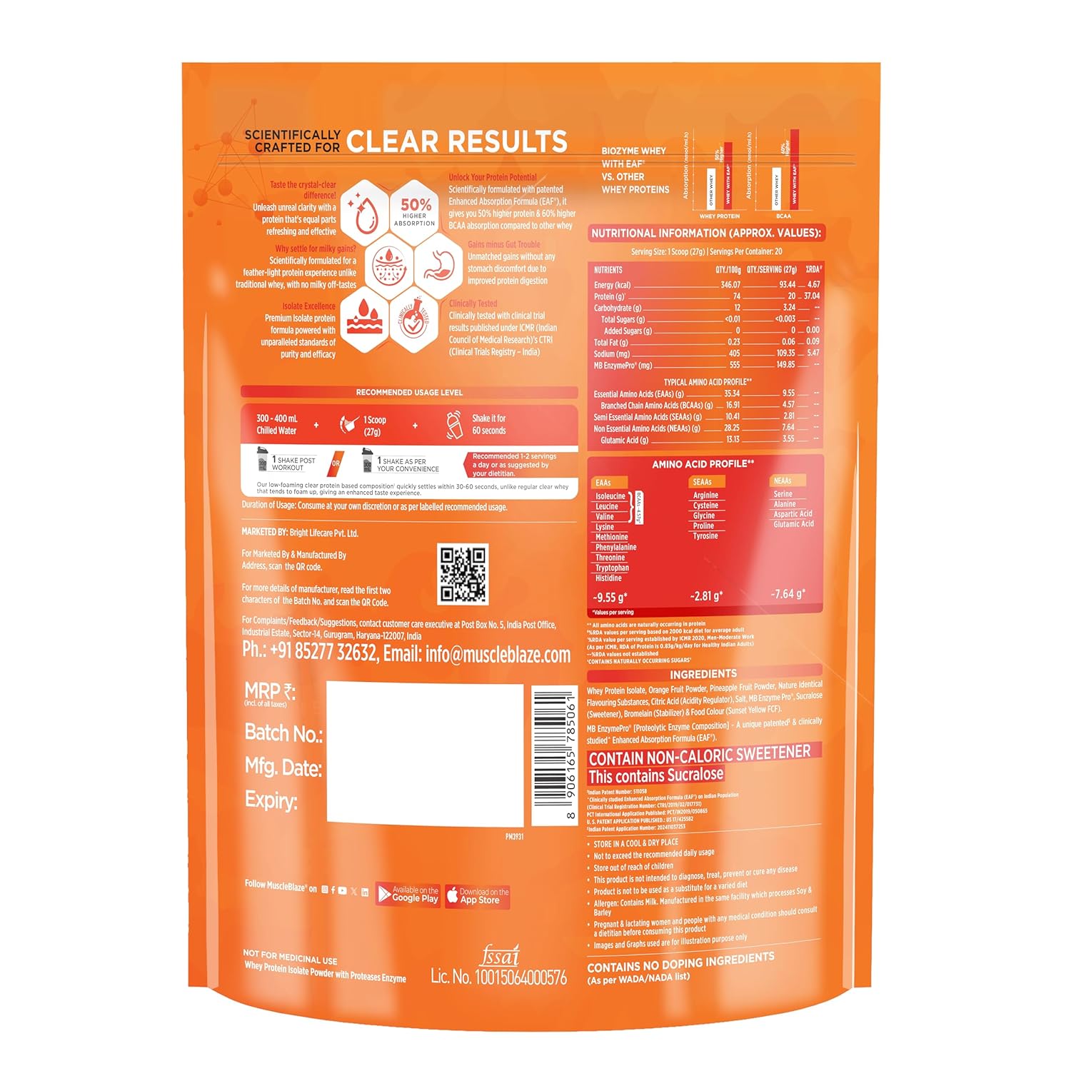 MUSCLEBLAZE BIOZYME CLEAR WHEY PROTEIN ISOLATE ICY ORANGE 540 GM