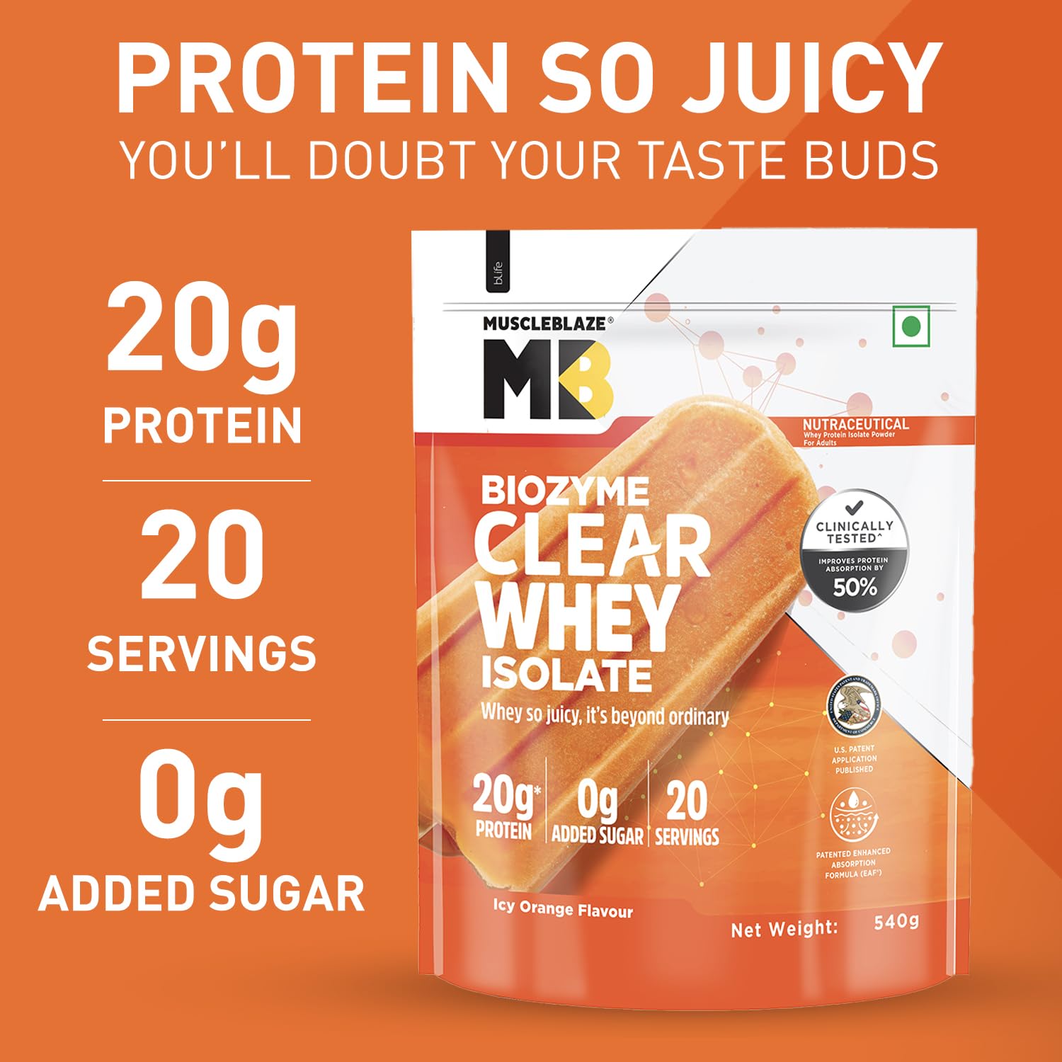 MUSCLEBLAZE BIOZYME CLEAR WHEY PROTEIN ISOLATE ICY ORANGE 540 GM