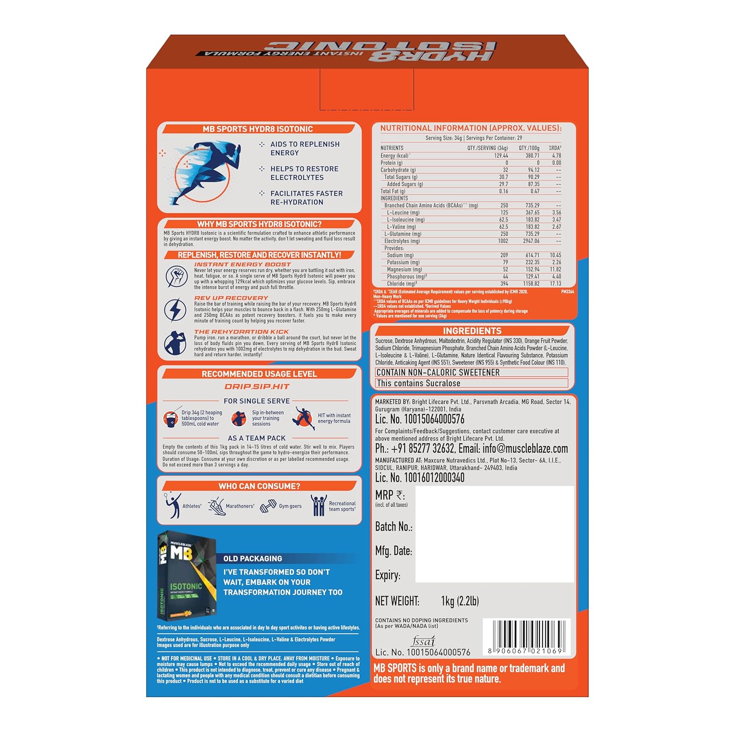 MUSCLEBLAZE FUELONE HYDR8 ISOTONIC ORANGE 1KG