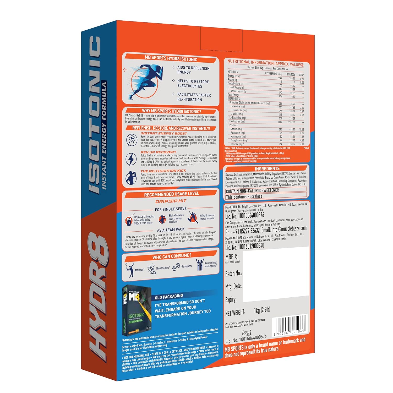 MUSCLEBLAZE FUELONE HYDR8 ISOTONIC ORANGE 1KG
