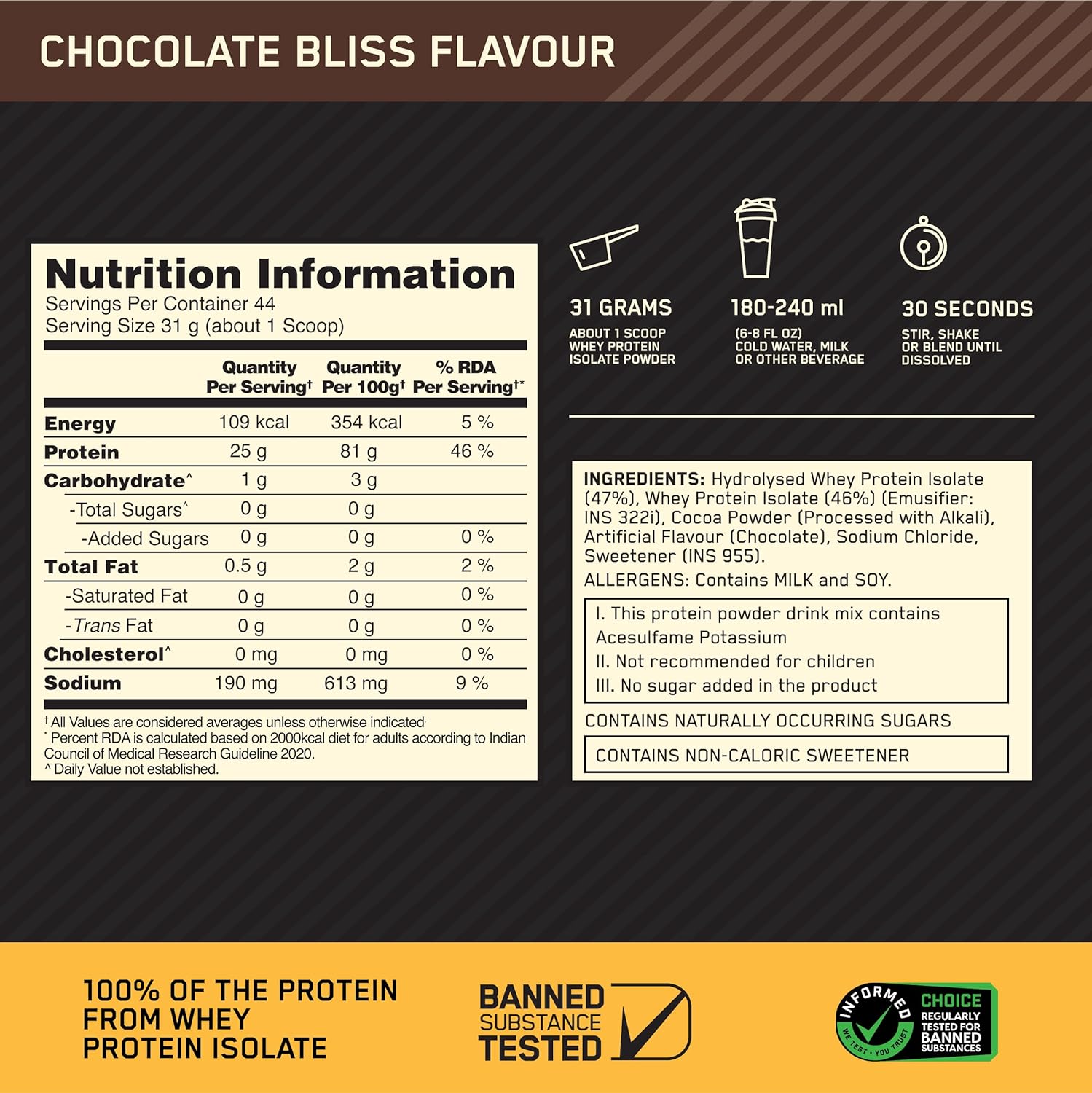 OPTIMUM NUTRITION GOLD STANDARD WHEY ISOLATE CHOCOLATE BLISS 3LBS