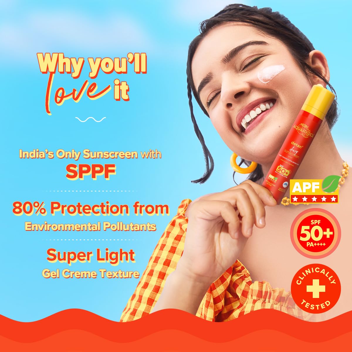 AQUALOGICA DETAN+DEWY SUNSCREEN SPF50+ PA++++ WITH CHERRY TOMATO & HYALURONIC ACID 50GM