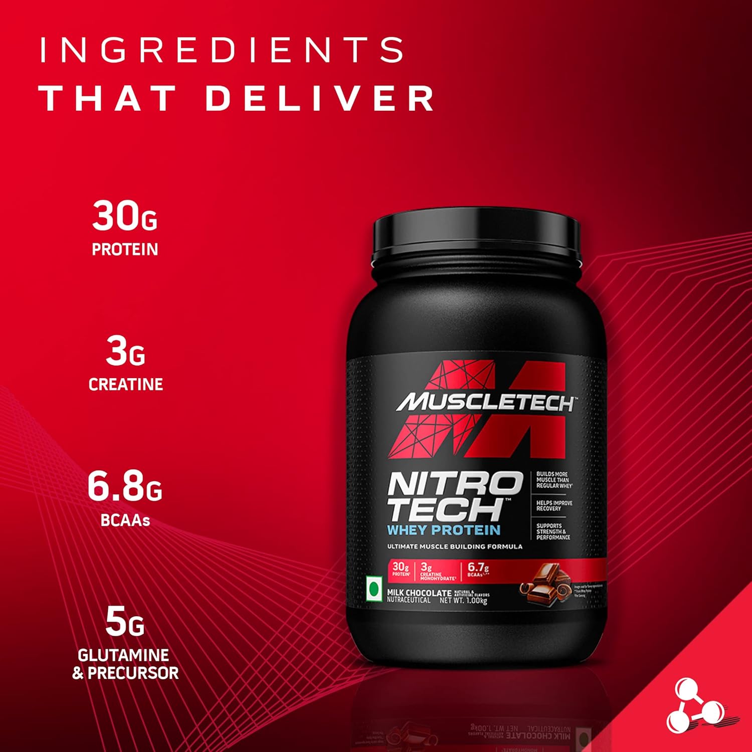 MUSCLETECH NITRO-TECH WHEY PROTEIN 907G (2LBS), CAPPUCCINO, 30G PROTEIN, 3G CREATINE MONOHYDRATE