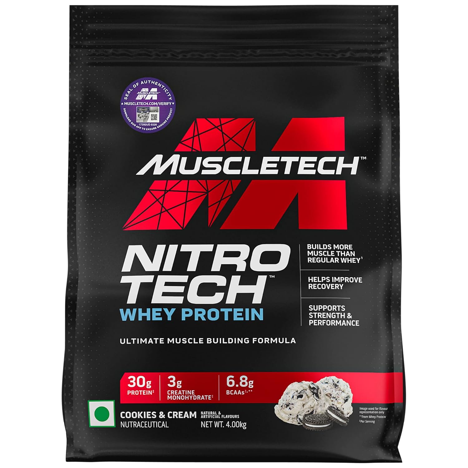 MUSCLETECH NITRO-TECH WHEY PROTEIN, 4KG, COOKIES & CREAM, 30G PROTEIN, 3G CREATINE MONOHYDRATE