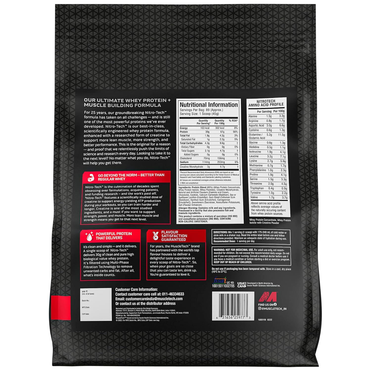 MUSCLETECH NITRO-TECH WHEY PROTEIN, 4KG, COOKIES & CREAM, 30G PROTEIN, 3G CREATINE MONOHYDRATE