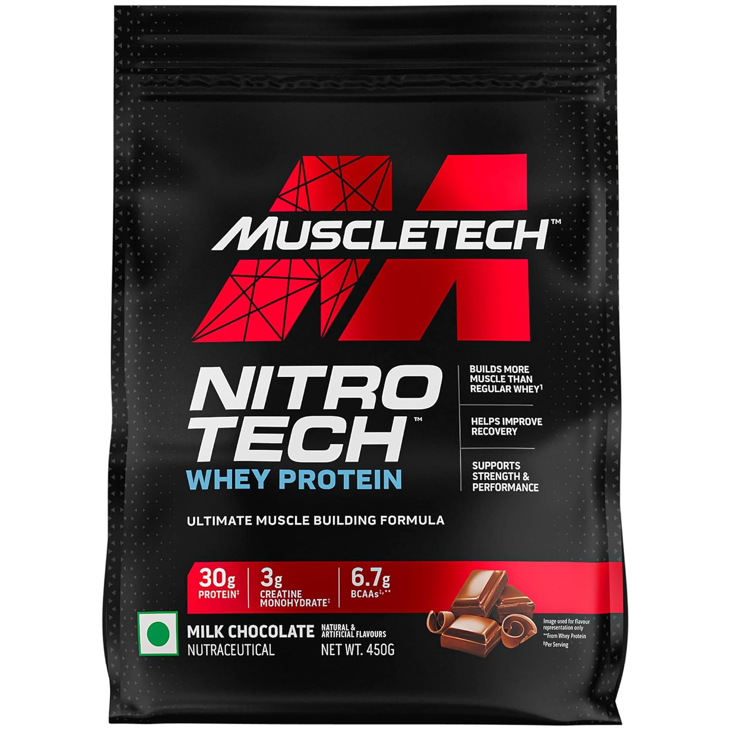 MUSCLETECH NITRO-TECH WHEY PROTEIN, 450G, MILK CHOCOLATE, 30G PROTEIN, 3G CREATINE MONOHYDRATE