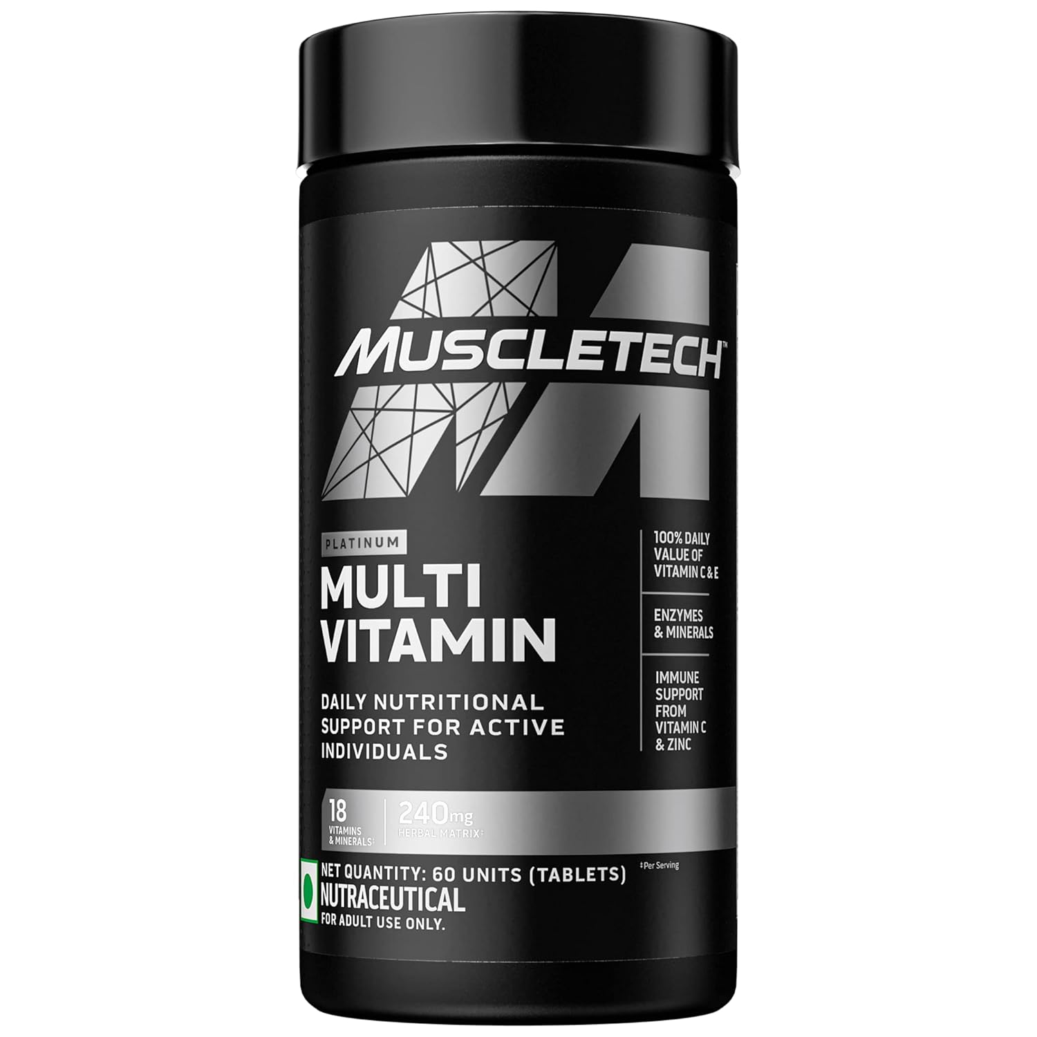MUSCLETECH PLATINUM MULTIVITAMIN VITAMIN C FOR IMMUNE SUPPORT 18 VITAMINS & MINERALS 60 TABLETS