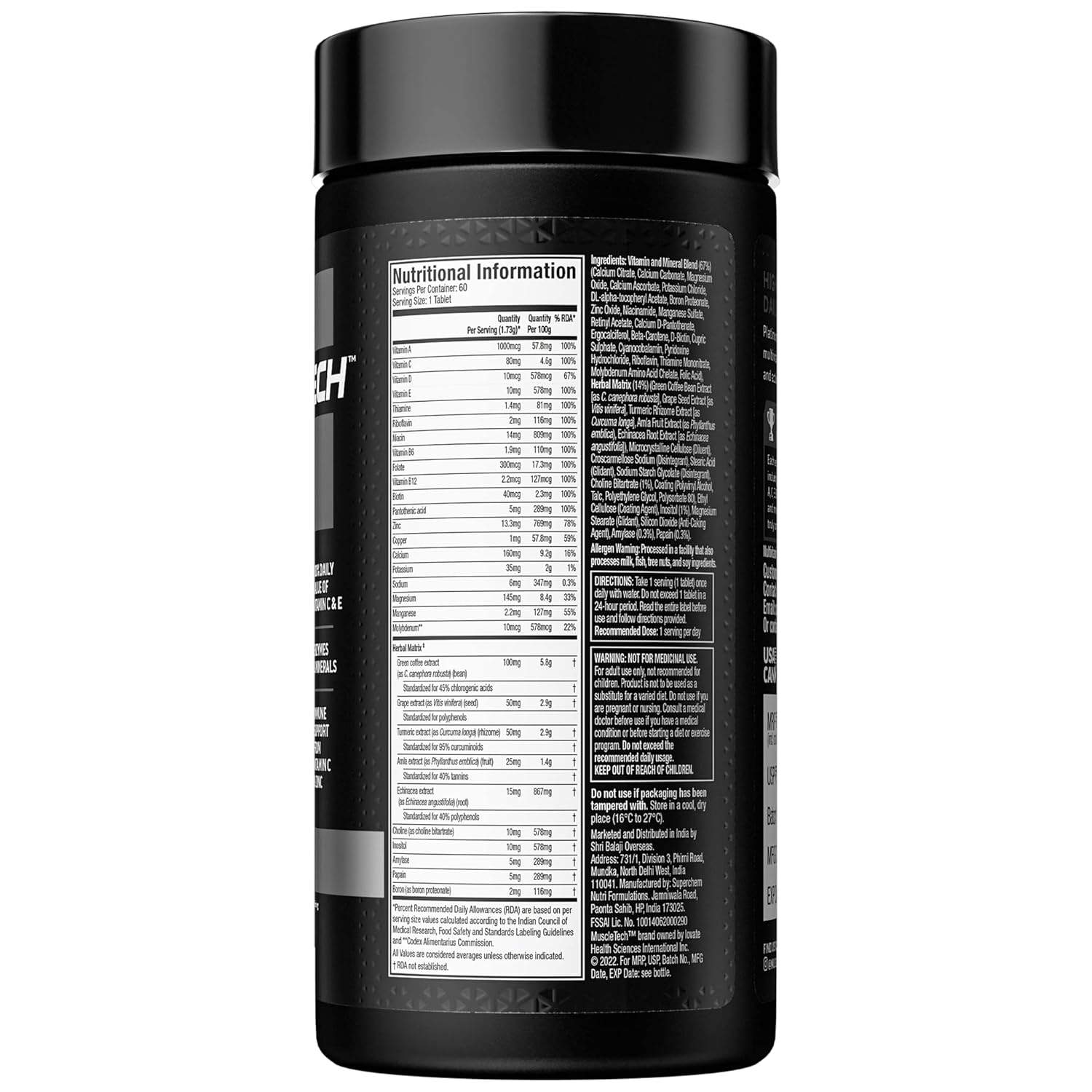 MUSCLETECH PLATINUM MULTIVITAMIN VITAMIN C FOR IMMUNE SUPPORT 18 VITAMINS & MINERALS 60 TABLETS