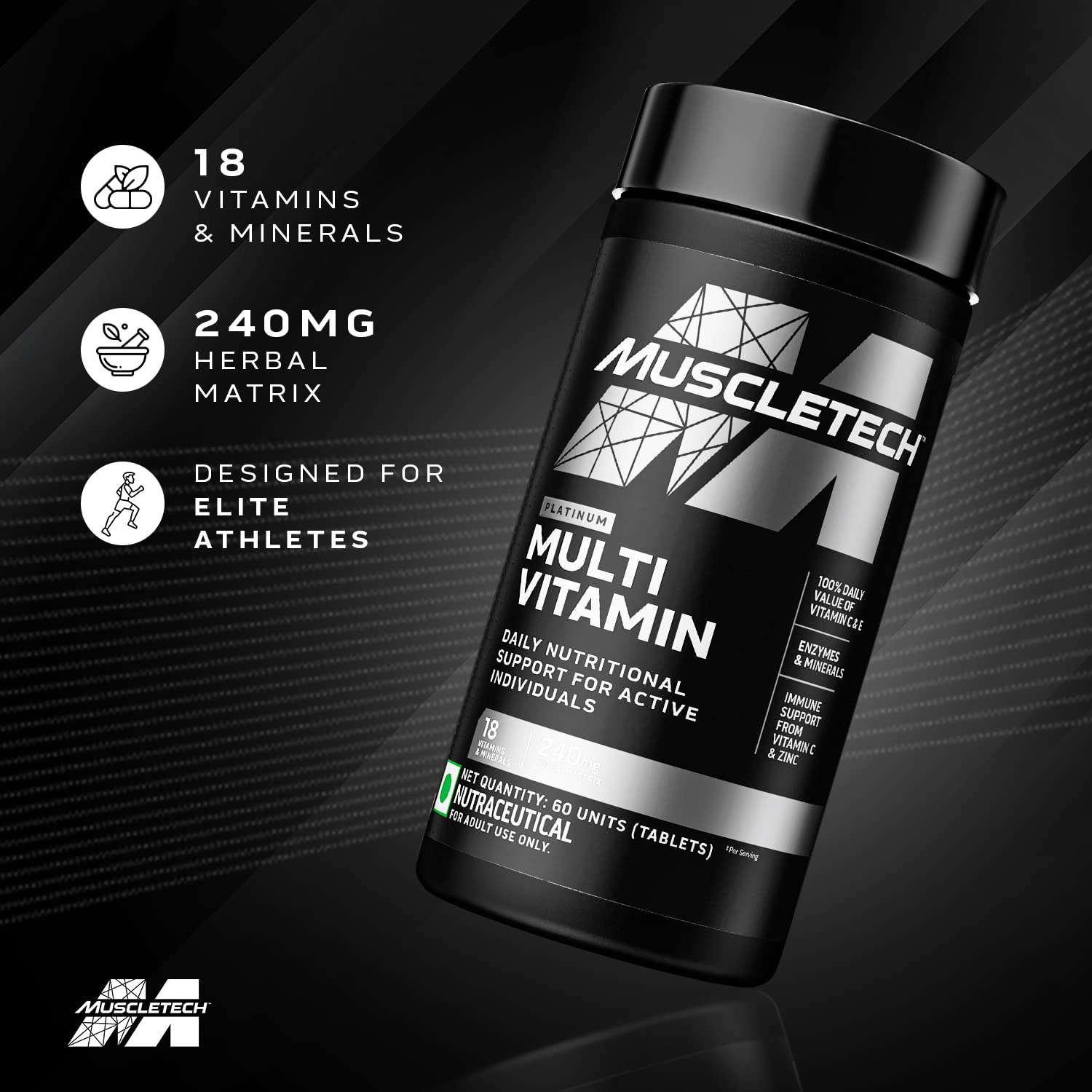 MUSCLETECH PLATINUM MULTIVITAMIN VITAMIN C FOR IMMUNE SUPPORT 18 VITAMINS & MINERALS 60 TABLETS
