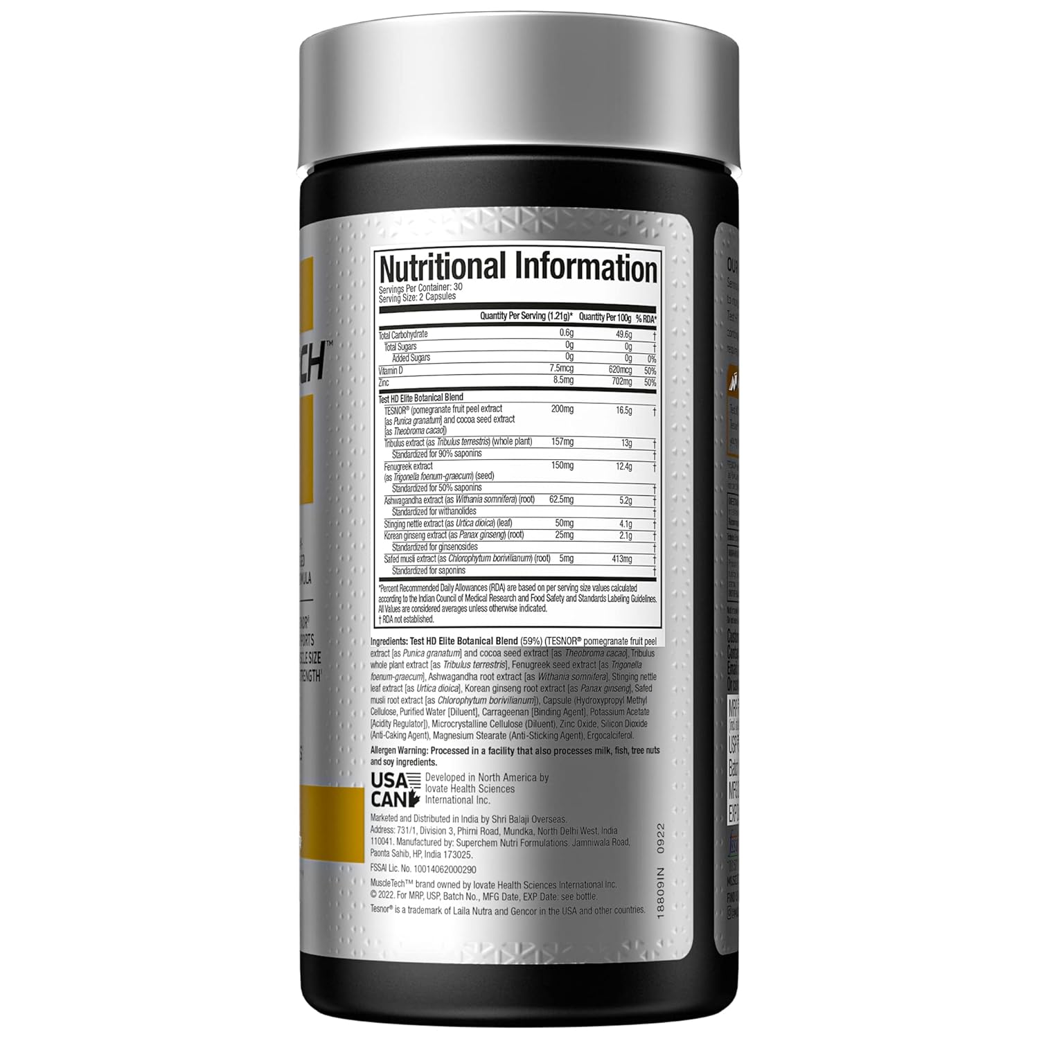 MUSCLETECH TEST HD ELITE TRIBULUS TERRESTRIS FOR MEN MAX-STRENGTH ATP & TEST BOOSTER 60 CAPSULES
