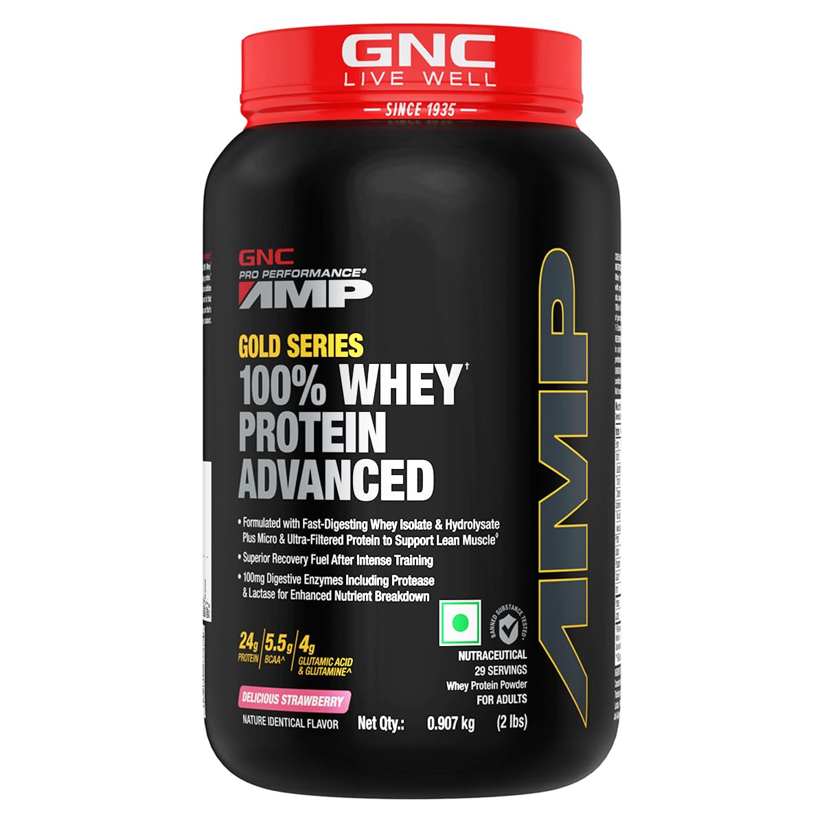 GNC AMP GOLD SERIES WHEY PROTEIN ADVANCED 24G PROTEIN | 5.5G BCAA DELICIOUS STRAWBERRY 2LBS