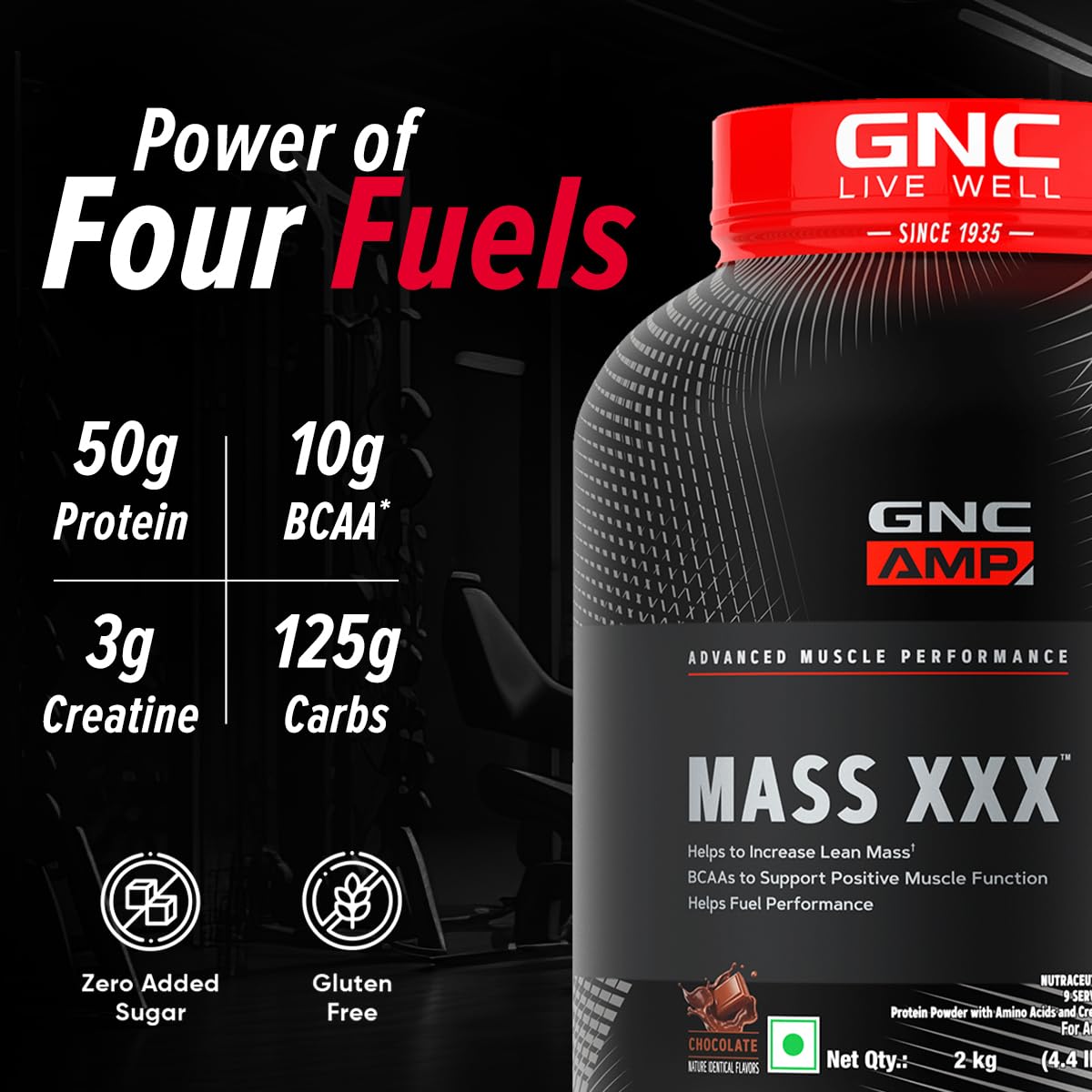 GNC AMP MASS XXX GAINER POWDER BOOSTS LEAN MUSCLE GAINS  CHOCOLATE 2KG