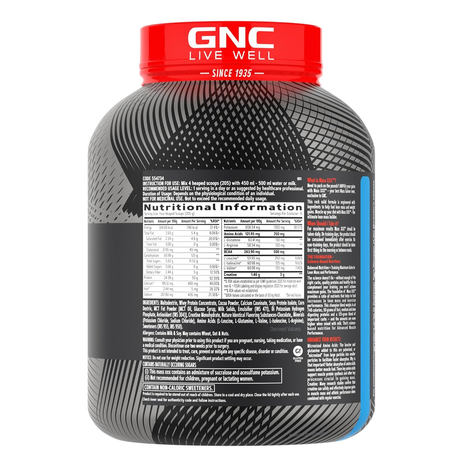 GNC AMP MASS XXX GAINER POWDER BOOSTS LEAN MUSCLE GAINS  CHOCOLATE 2KG