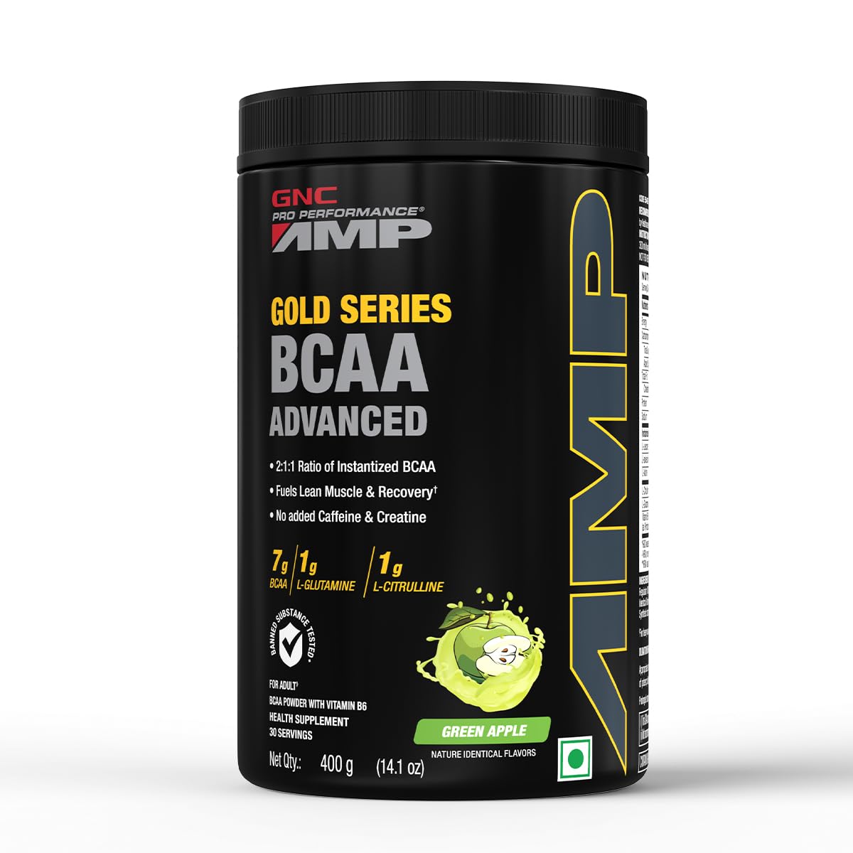 GNC AMP GOLD SERIES BCAA ADVANCED FASTEST MUSCLE RECOVERY GREEN APPLE 400GM
