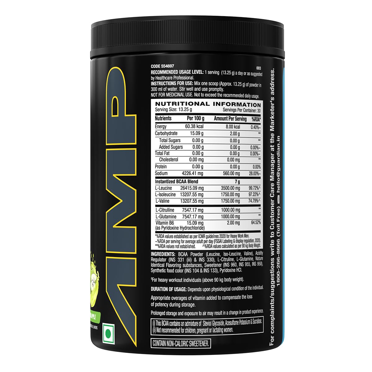 GNC AMP GOLD SERIES BCAA ADVANCED FASTEST MUSCLE RECOVERY GREEN APPLE 400GM