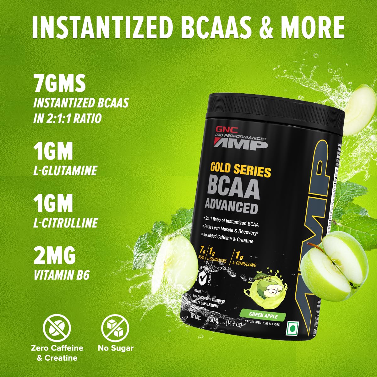 GNC AMP GOLD SERIES BCAA ADVANCED FASTEST MUSCLE RECOVERY GREEN APPLE 400GM