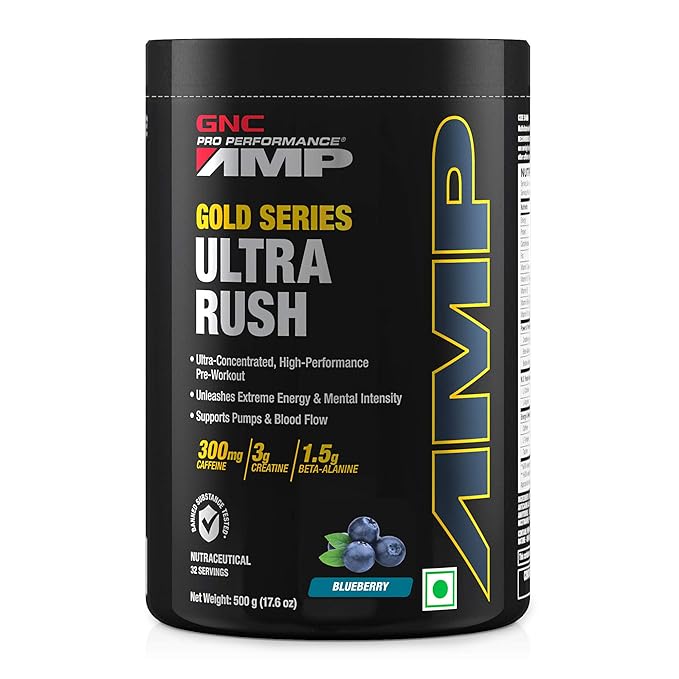 GNC PRO PERFORMANCE AMP GOLD SERIES ULTRA RUSH | PRE-WORKOUT BLUEBERRY 500 GM