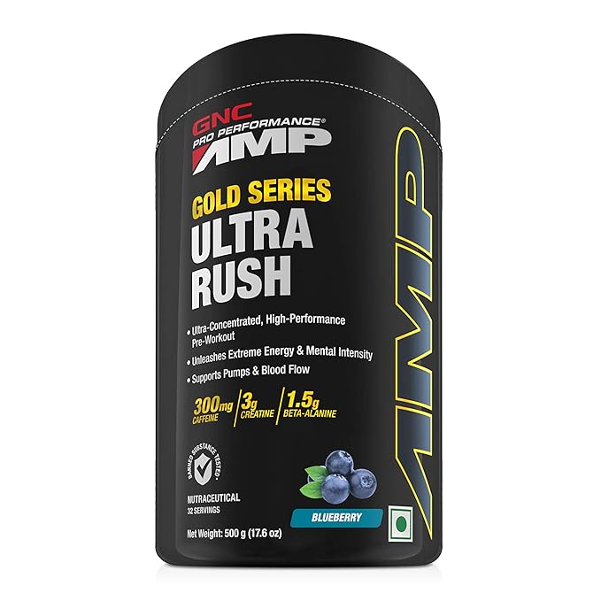 GNC PRO PERFORMANCE AMP GOLD SERIES ULTRA RUSH | PRE-WORKOUT BLUEBERRY 500 GM