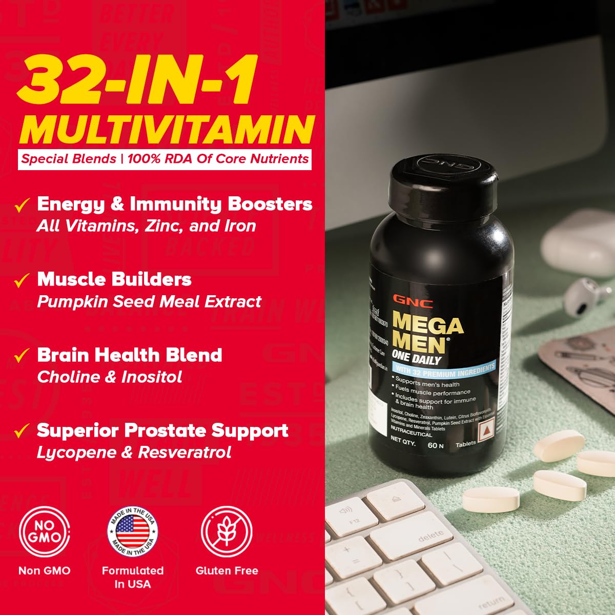 GNC MEGA MEN ONE DAILY MULTIVITAMIN 32 PREMIUM INGREDIENTS 60 TABLETS