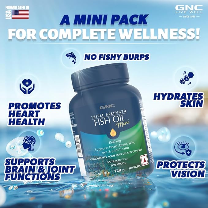 GNC 1500 MG TRIPLE STRENGTH FISH OIL MINI OMEGA 3 SOFTGELS FOR MEN & WOMEN 120 MINI SOFTGELS
