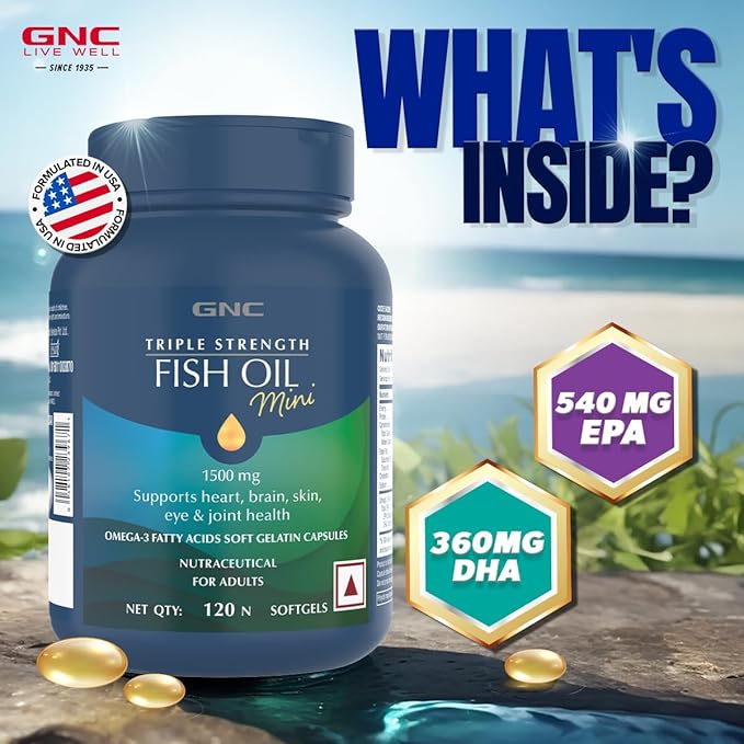 GNC 1500 MG TRIPLE STRENGTH FISH OIL MINI OMEGA 3 SOFTGELS FOR MEN & WOMEN 120 MINI SOFTGELS