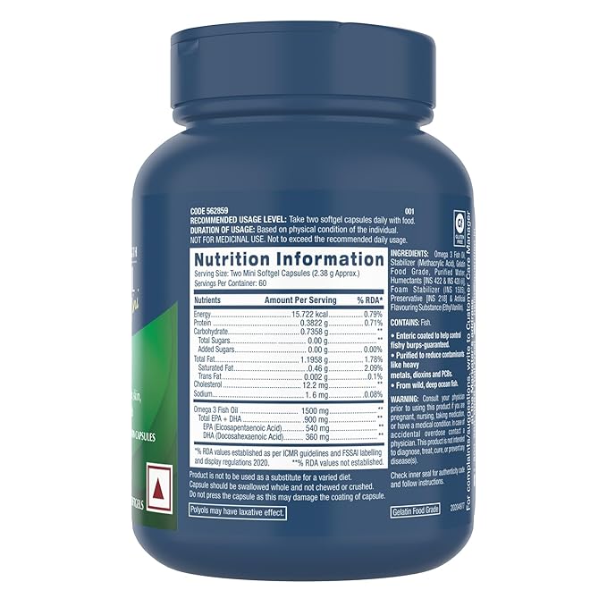 GNC 1500 MG TRIPLE STRENGTH FISH OIL MINI OMEGA 3 SOFTGELS FOR MEN & WOMEN 120 MINI SOFTGELS