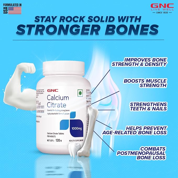 GNC CALCIUM CITRATE 1000MG MOST ABSORBABLE CALCIUM IMPROVES BONE STRENGTH & DENSITY 120 TABLETS