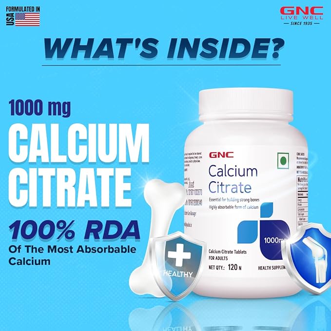 GNC CALCIUM CITRATE 1000MG MOST ABSORBABLE CALCIUM IMPROVES BONE STRENGTH & DENSITY 120 TABLETS