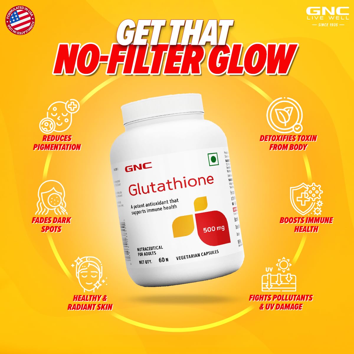 GNC GLUTATHIONE 500MG WITH VITAMIN C FOR CLEAR & RADIANT SKIN 60 VEG CAPSULES