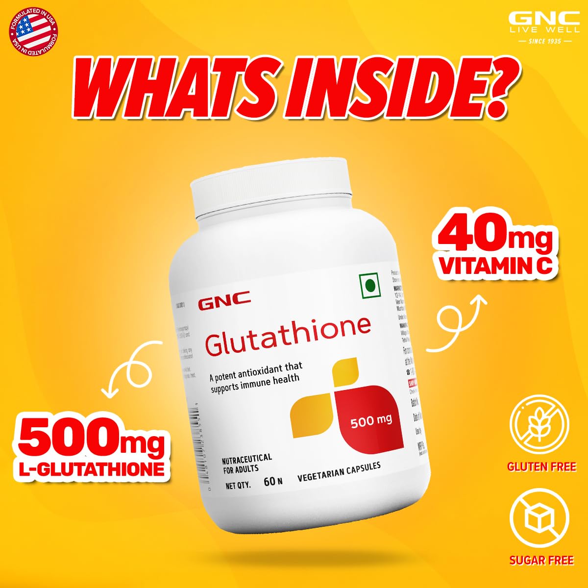GNC GLUTATHIONE 500MG WITH VITAMIN C FOR CLEAR & RADIANT SKIN 60 VEG CAPSULES